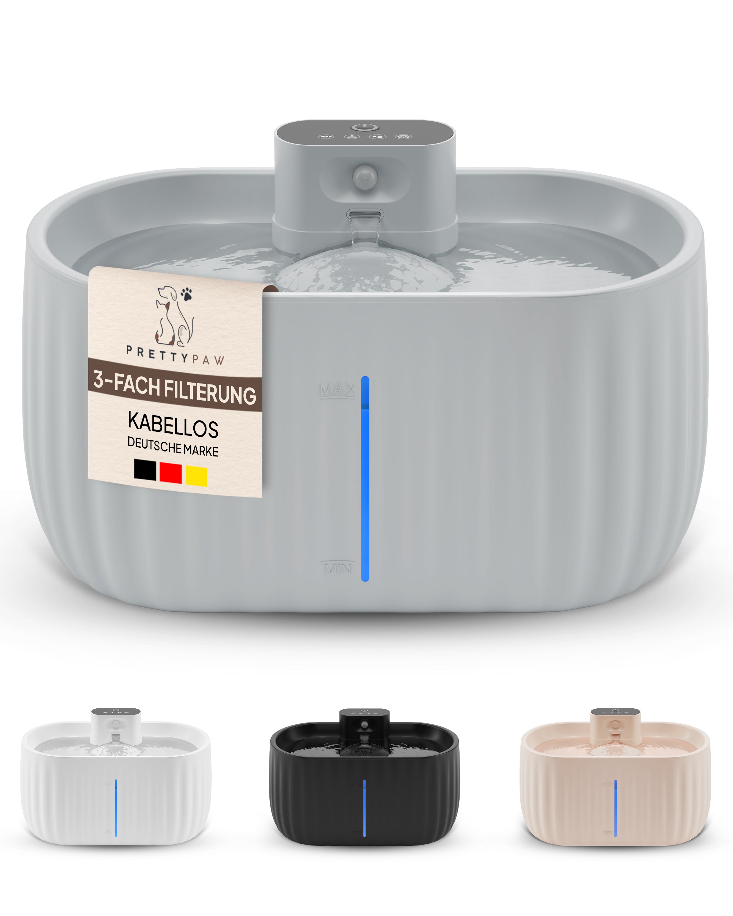 Trinkbrunnen in weiß, grau, rosa, schwarz