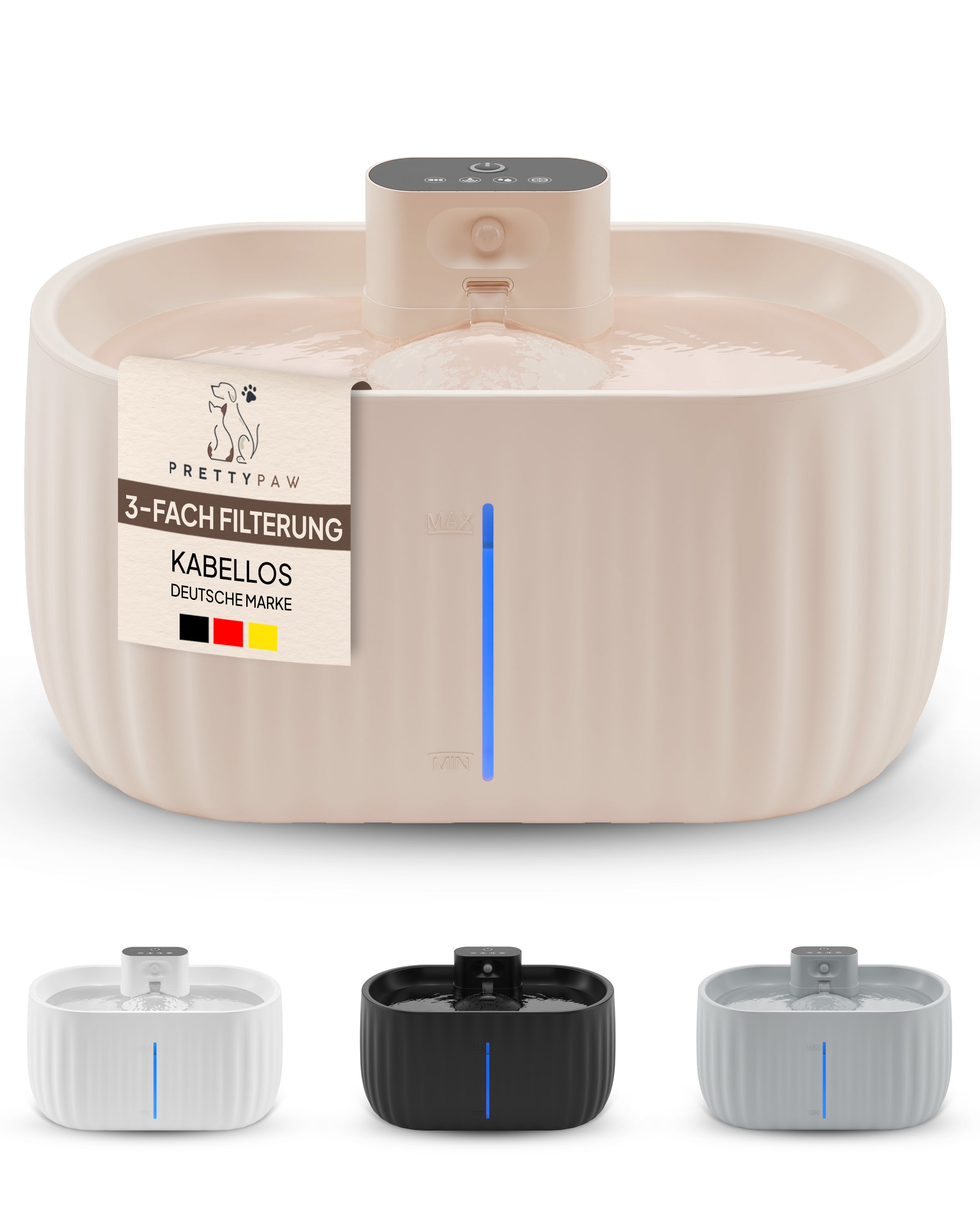 Trinkbrunnen in weiß, grau, rosa, schwarz